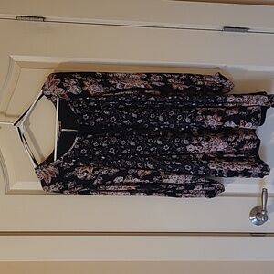Free People - Tie Front Blouse - Black w/Rust/Orange and White Floral Design